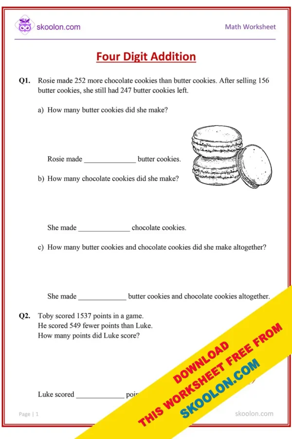 Four digit addition worksheet || addition worksheet for grade 3