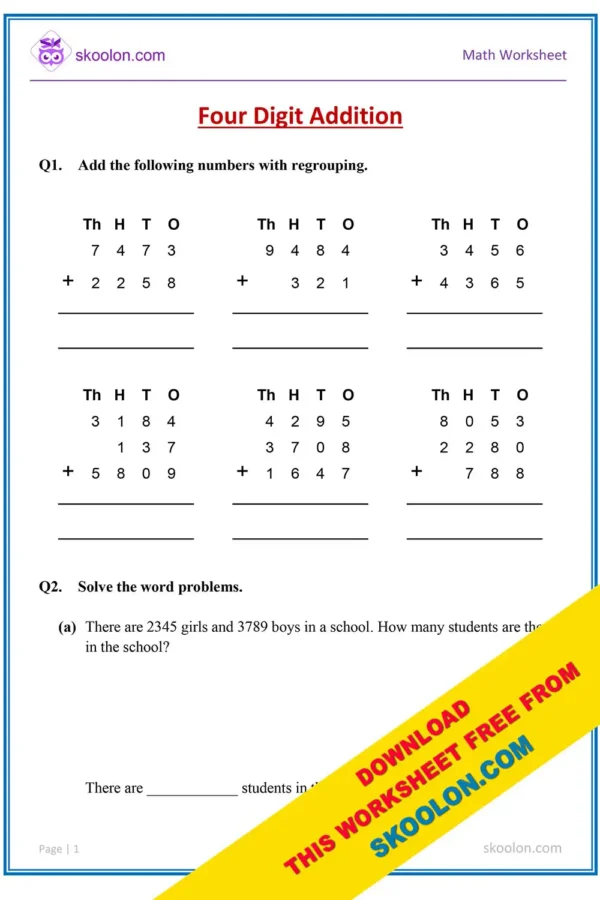 Four digit addition worksheet || addition worksheet for grade 3