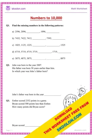 4 digits | math worksheet for class 3 | large numbers worksheet for class 3