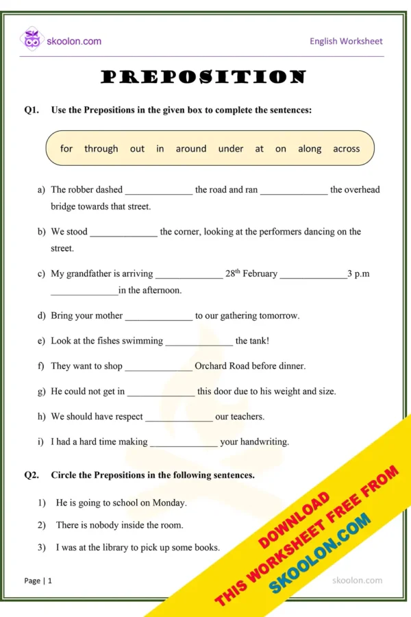 Prepositions | Preposition worksheet | Grammar Worksheet for Grade 4
