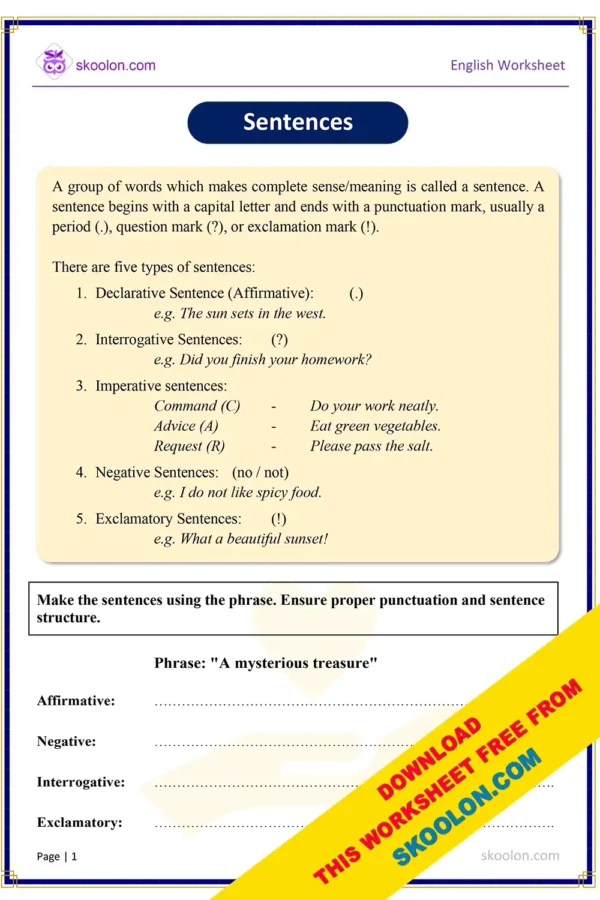 Make the sentences using the phrase worksheet for Grade 5 with Answers