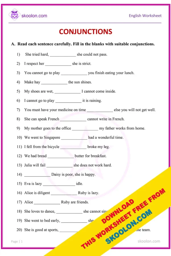 English Grammar Conjunctions Worksheet for Grade 4