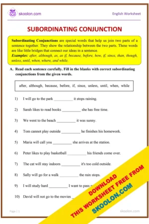 English Grammar Subordinating Conjunctions Worksheet for Grade 3