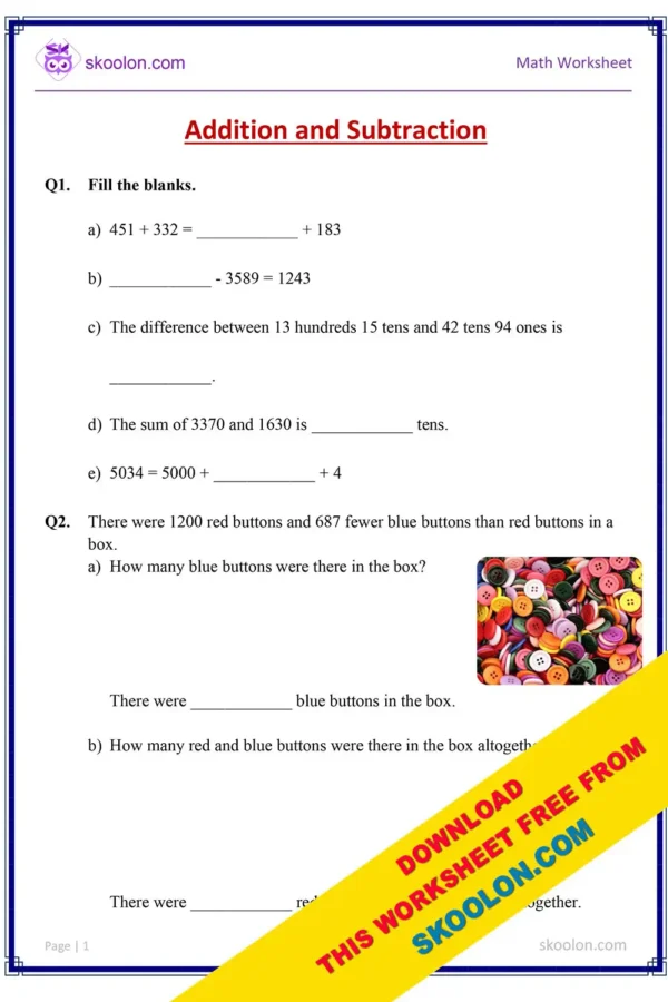 Addition and Subtraction Worksheet || addition subtraction worksheets for Grade 3