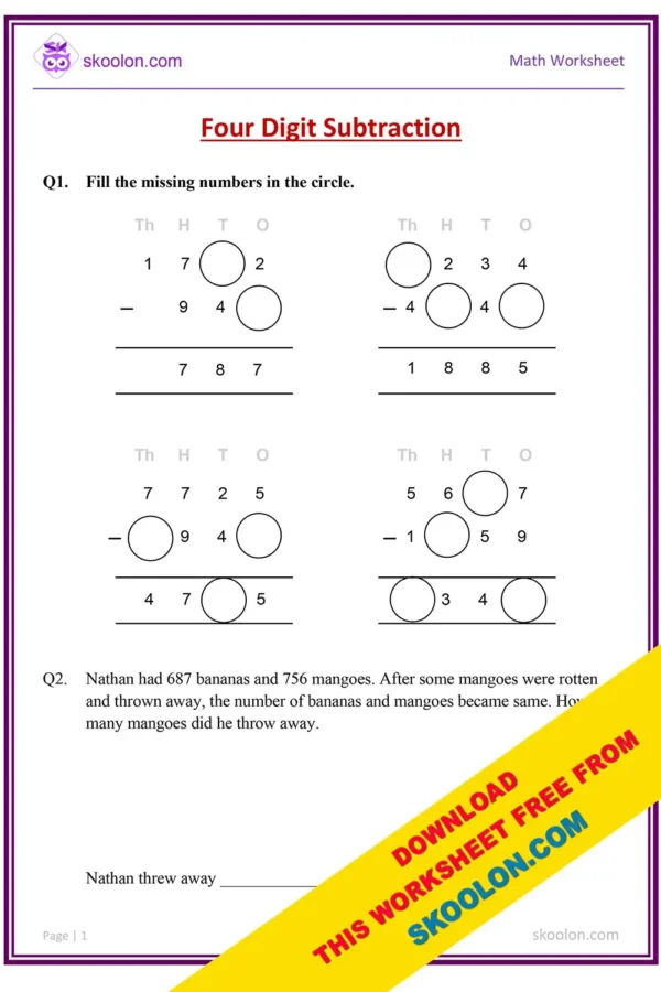 Four digit subtraction worksheet || subtraction worksheet for grade 3