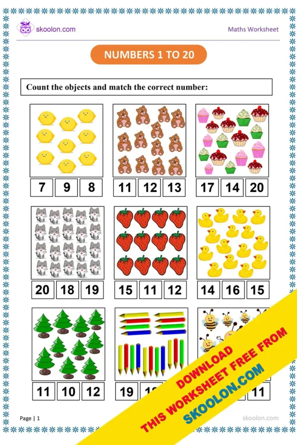 Count and Match Numbers 1 to 20 Worksheet for KG - skoolon.com