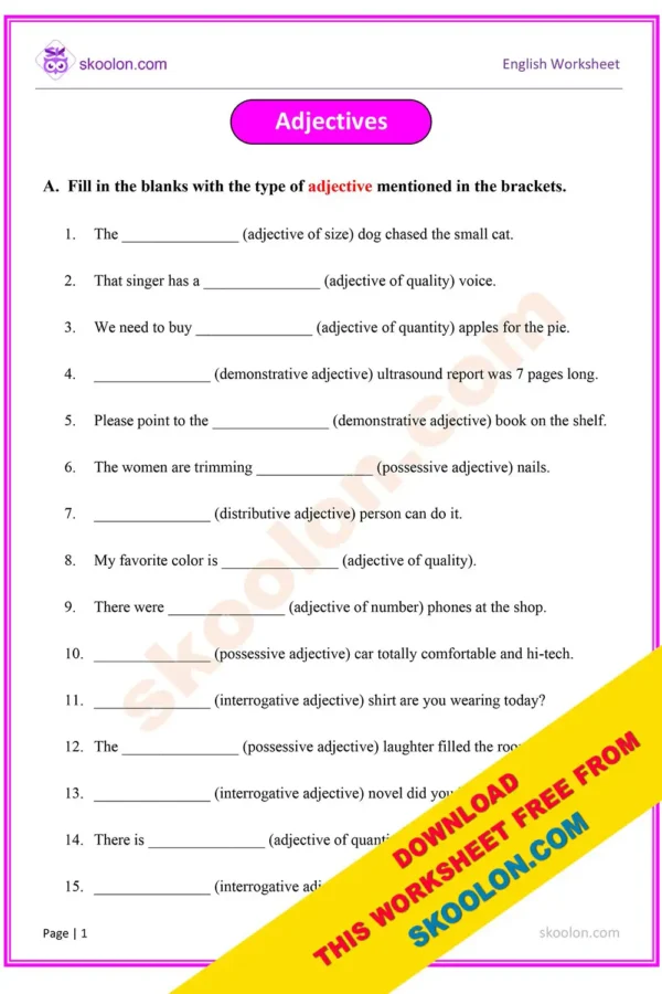 Adjectives Worksheet for Grade 5 with Answers