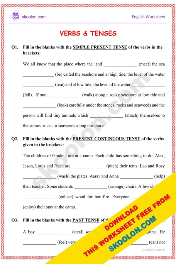 English Grammar Verbs and Tenses Worksheet for Grade 4 with Answers