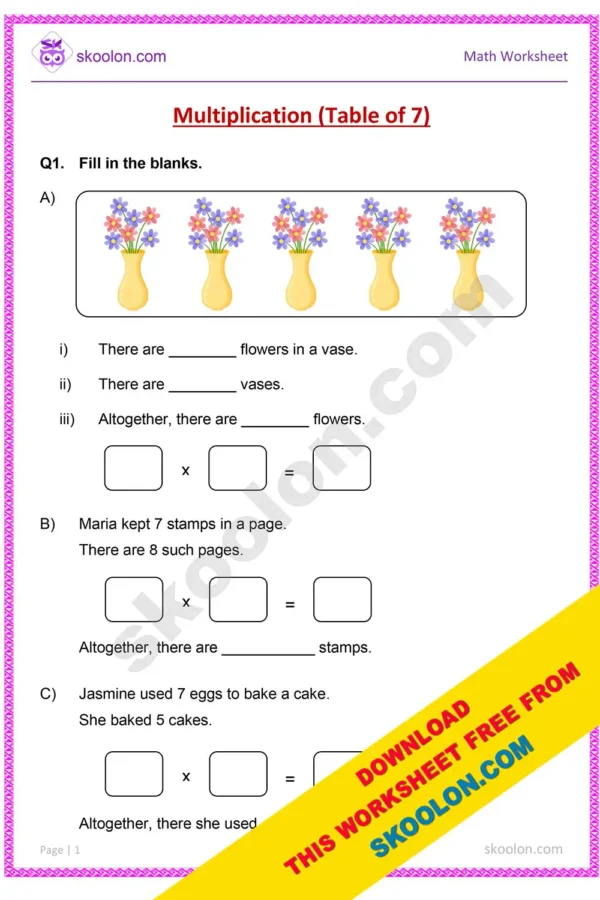 Multiplication Worksheet for Grade 3 || Multiplication Table of 7