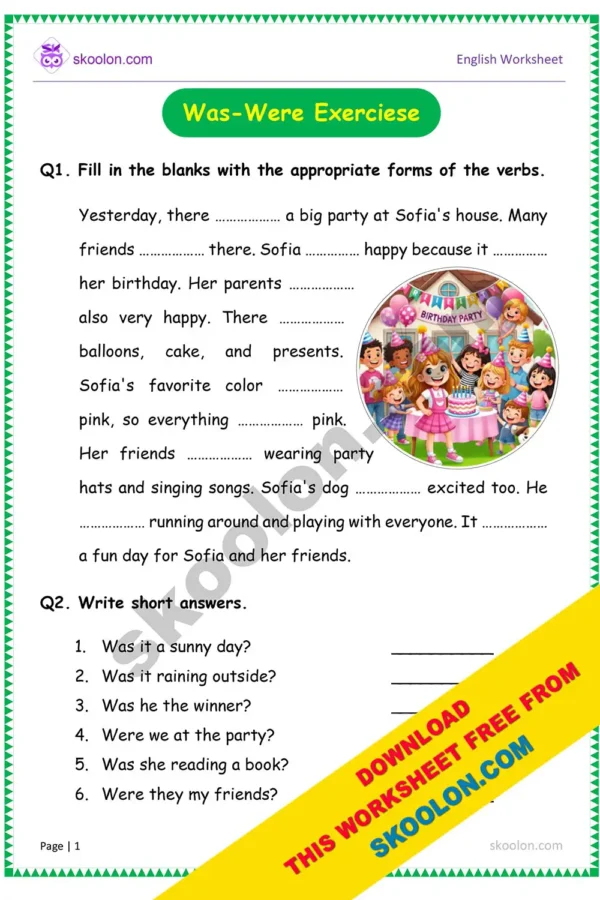 Was Were Worksheet for Class 3 with answers | English Grammar Worksheet