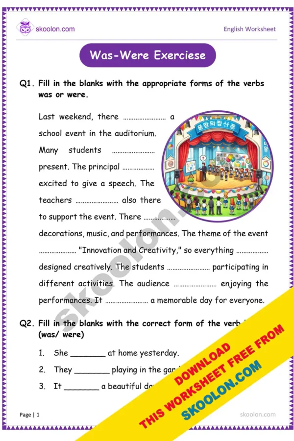 Was Were Worksheet for Class 3 with answers | English Grammar Worksheet